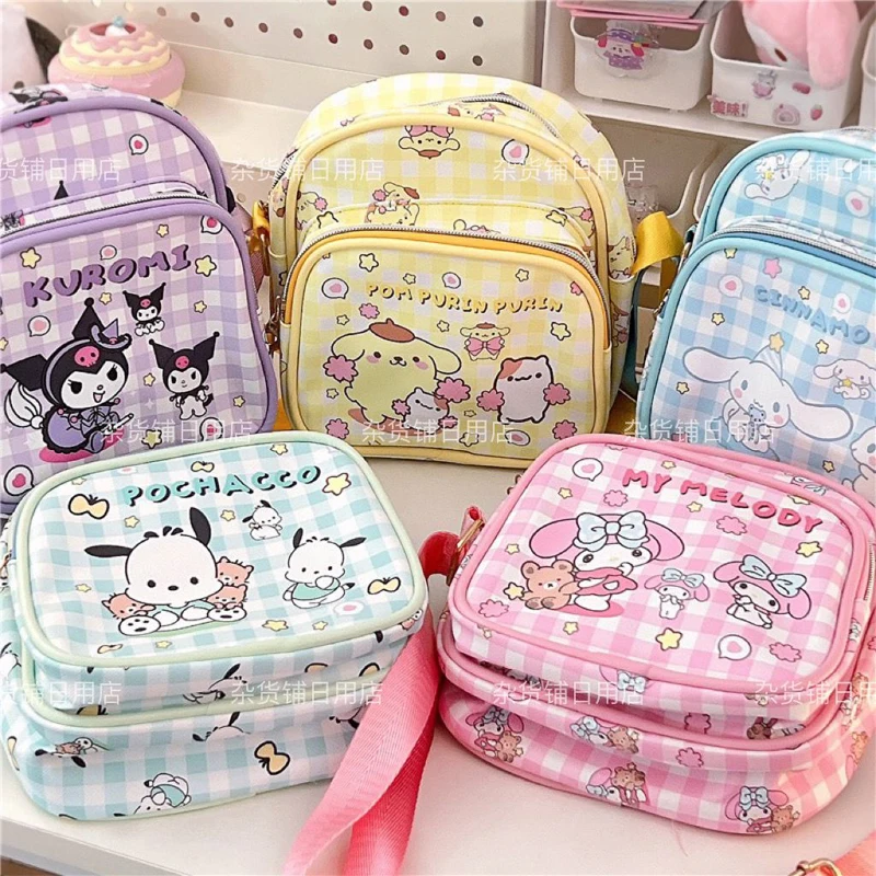 

Sanrio Cinnamoroll Kuromi Pompompurin Pachacco My Melody Kids School Bag Cartoon Soft PU Childrens Student Outing Crossbody Bag
