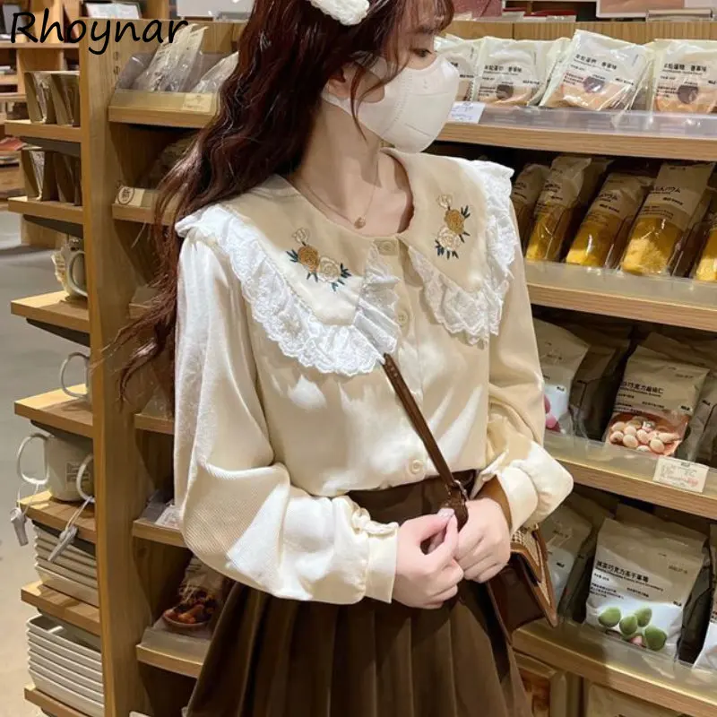 

Embroidery Shirts Women Peter Pan Collar Sweet Aesthetics Vintage Elegant French Streetwear Corduroy Spring Preppy Girls Camisas