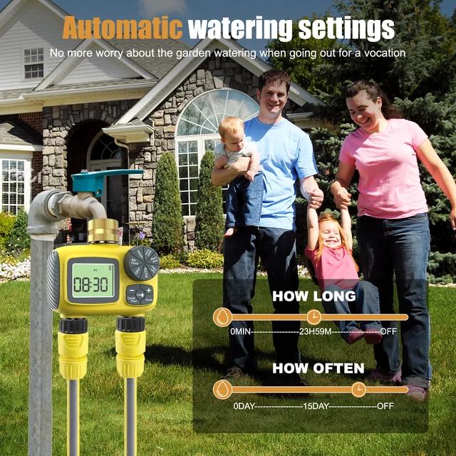 Haozee Smart Water Timer Intelligent 2-Outlet Irrigation Watering System Sprinkler Timer Garden Programmer IPX7 LCD Display 2
