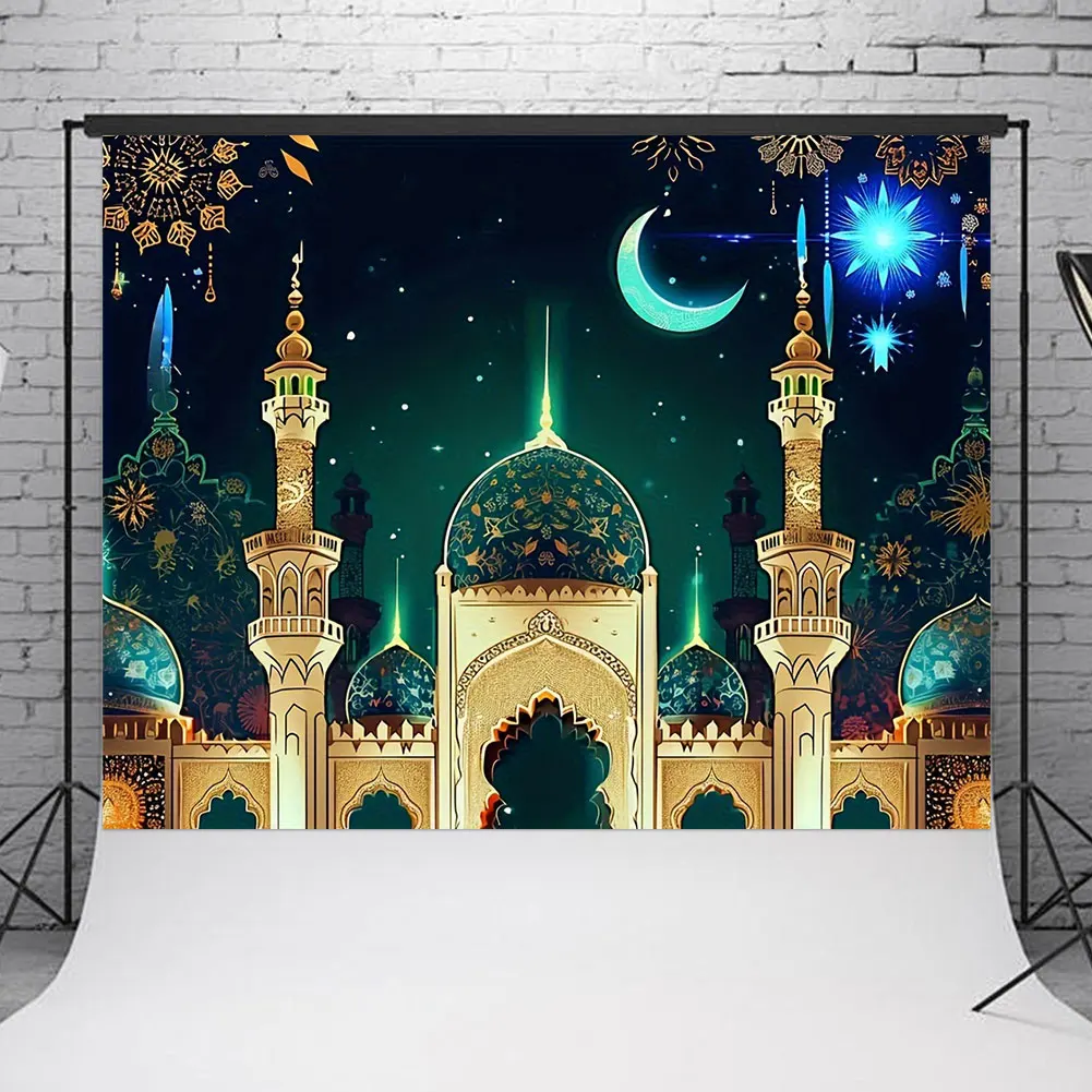 Eid Mubarak Backdrop Ramadan Mubarak Hanging Sign 70x90 Inch Islamic Eid Mubarak Ornament Moon Star Castle Photo Booth Props