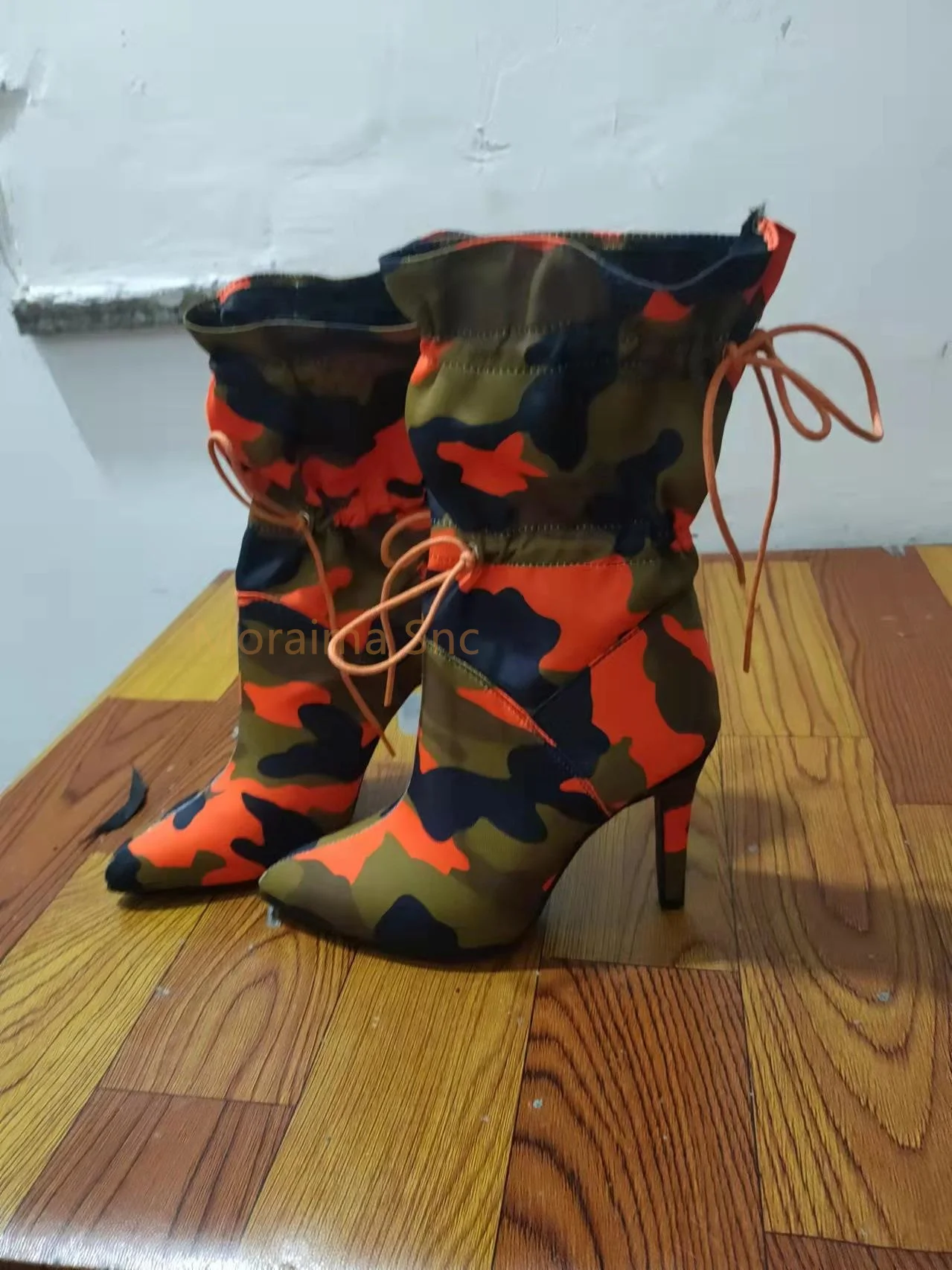 Women Stiletto Shoes Camouflage Elastic Band Mid Calf Boots Roman Style Thin High Heel Pointed Toe Boots Spring Autumn Ladies