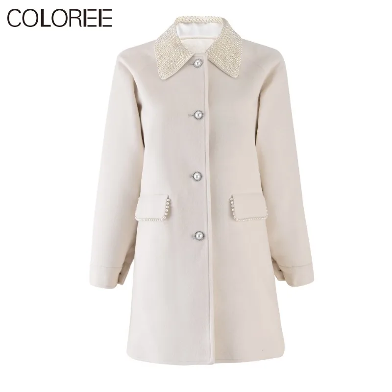 

Luxury Pearls Beading Turn-down Collar Abrigo Mujer Invierno 2023 Korean Fashion Elegant Long Wool Coats for Women Winter Jacket