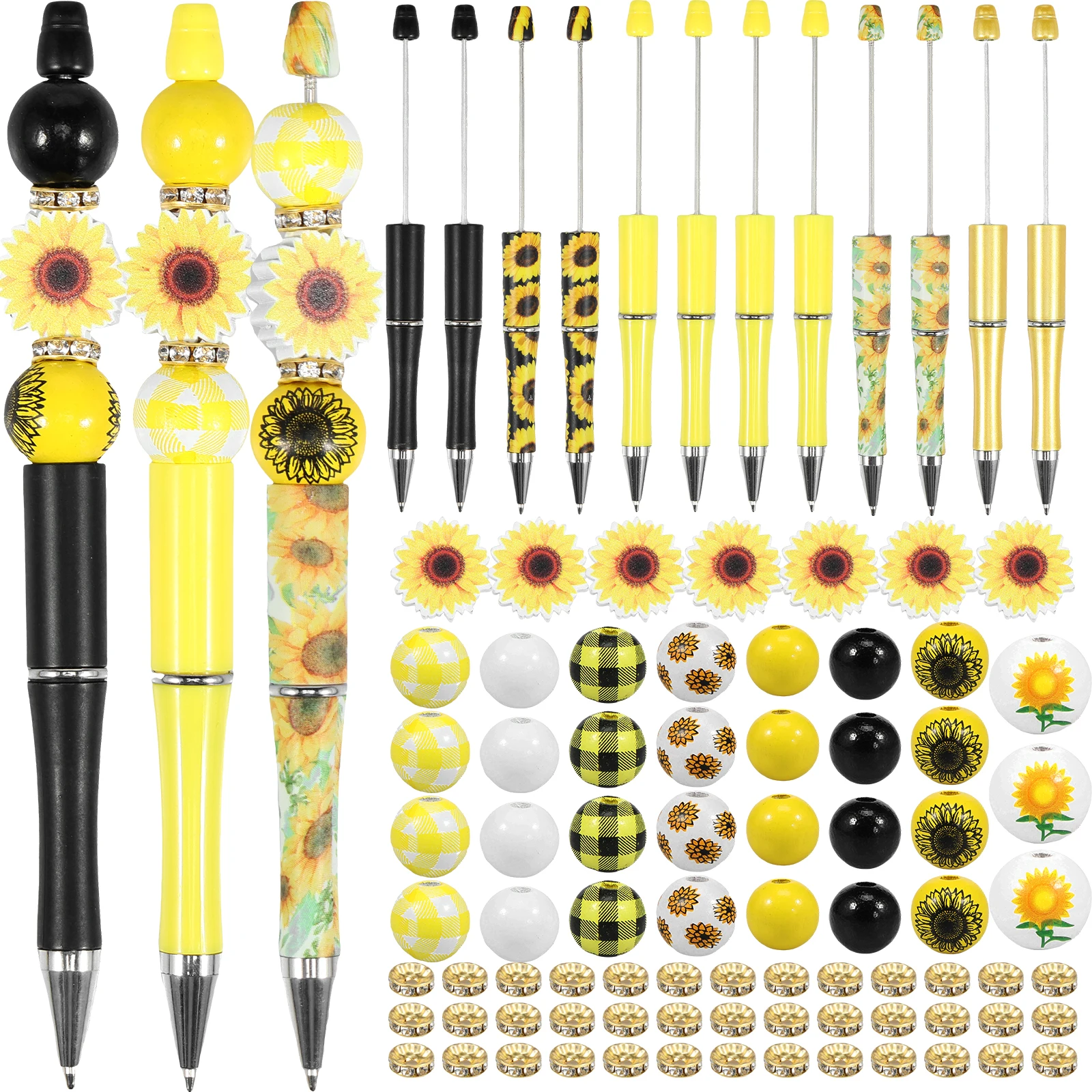 

12Pcs Beadable Pen Set Assorted Plastic Bead Pens with Wooden Beads and Spacer Beads 14cm DIY Black Ink Ballpoint Pen Sun Flower