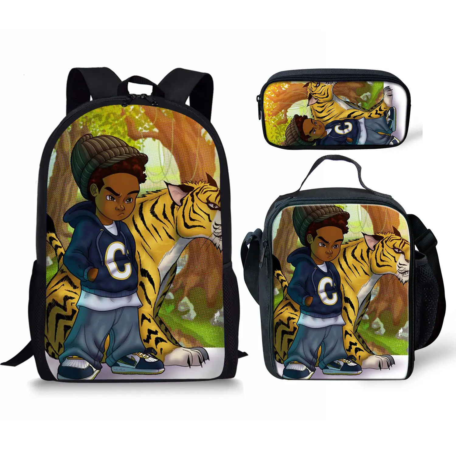 Popular Funny black African boy 3D Print 3pcs/Set pupil School Bags Laptop Daypack Backpack Lunch bag Pencil Case