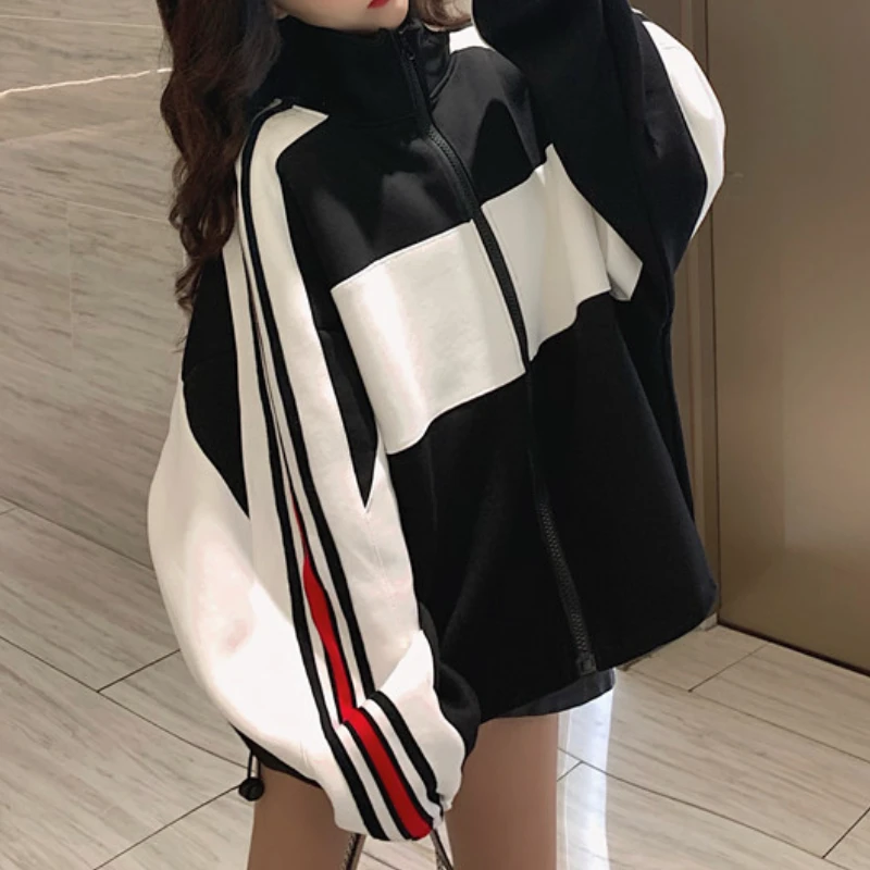 Zip Up Hoodie for Women Contrast Color Student Jackets Tops Raglan Sleeve Sweatshirt with Pocket Plus Velvet Hoodies Coats Loose