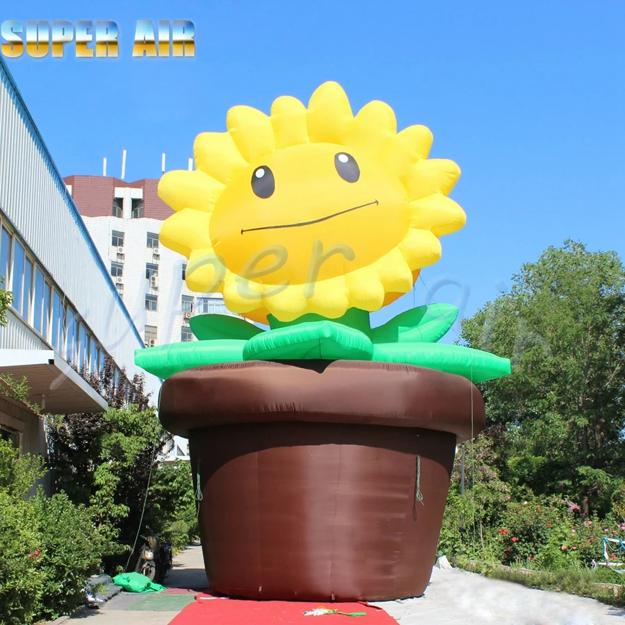 

Hign-quality oxford cloth beautiful inflatable sunflower in the flowerpots with smile face for decoration