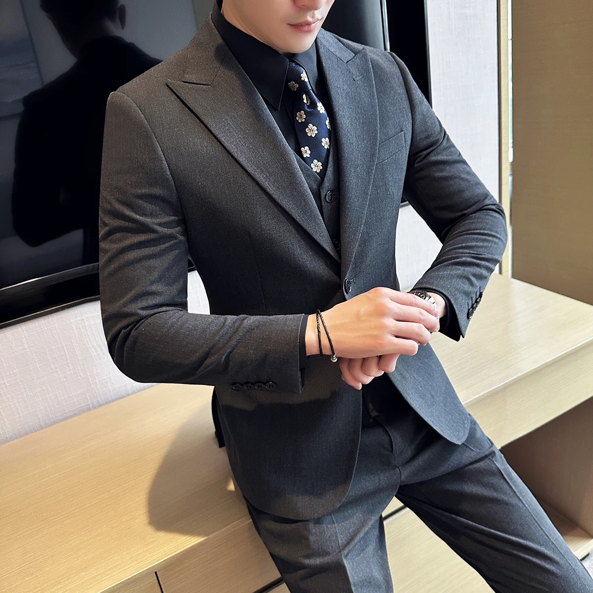 Men's Formal Slim Fit Business Work Wedding Stage Tuxedo Fashion Men Social Dress Suit 3 Pieces Set Jacket Vest Pant