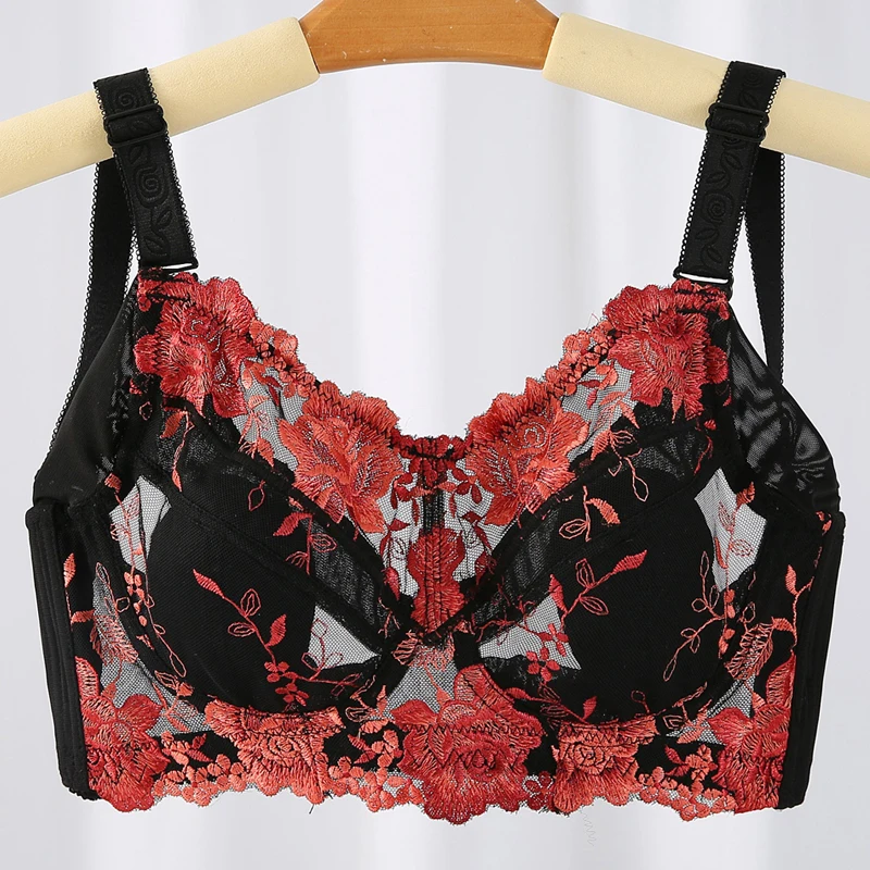 Women Full cup Wireless Underwear Lace Floral Embrodiery Non Padded Minimizer Bra Female Black Lingerie 38 40 42 44 46 48 C D E