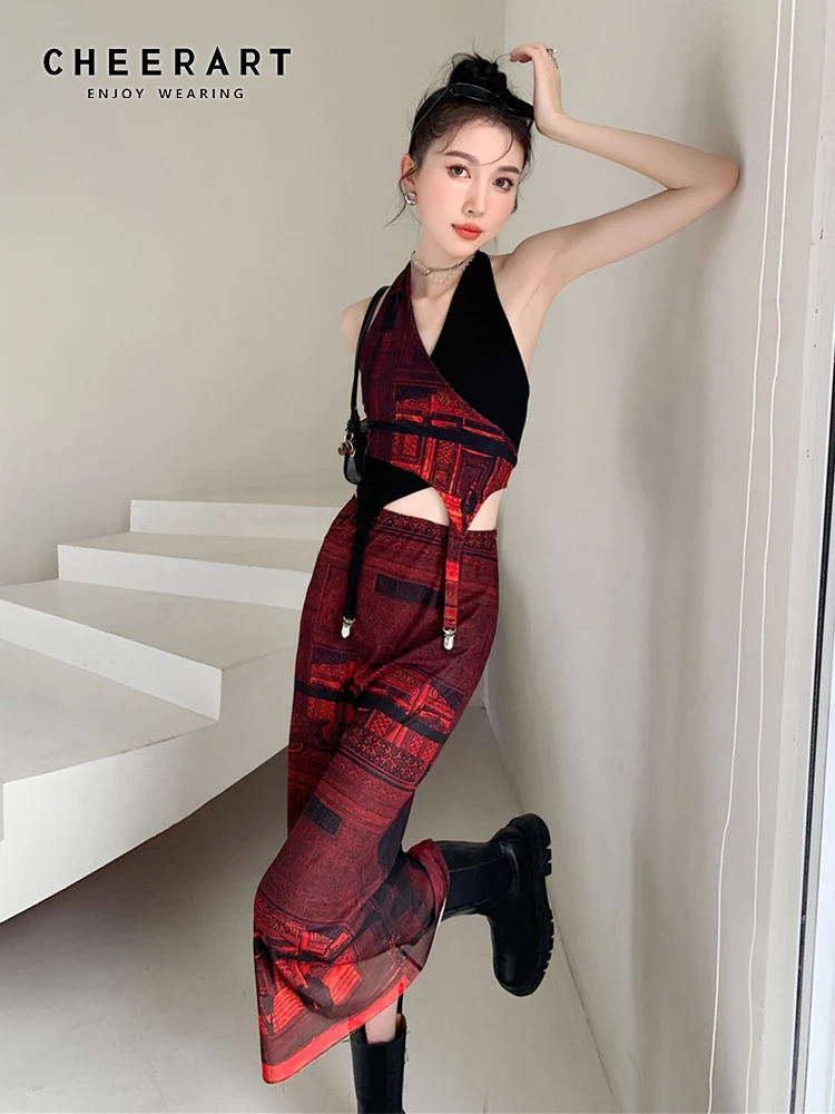 CHEERART Punk Vintage High Waisted Mesh Skirt Womens 2021 Summer Red Ladies Long Midi Skirts Trend High Fashion Bottoms chinese wind dance fan ladies gauze maid folding single paragraph unisex multicolor grownups bamboo 2021