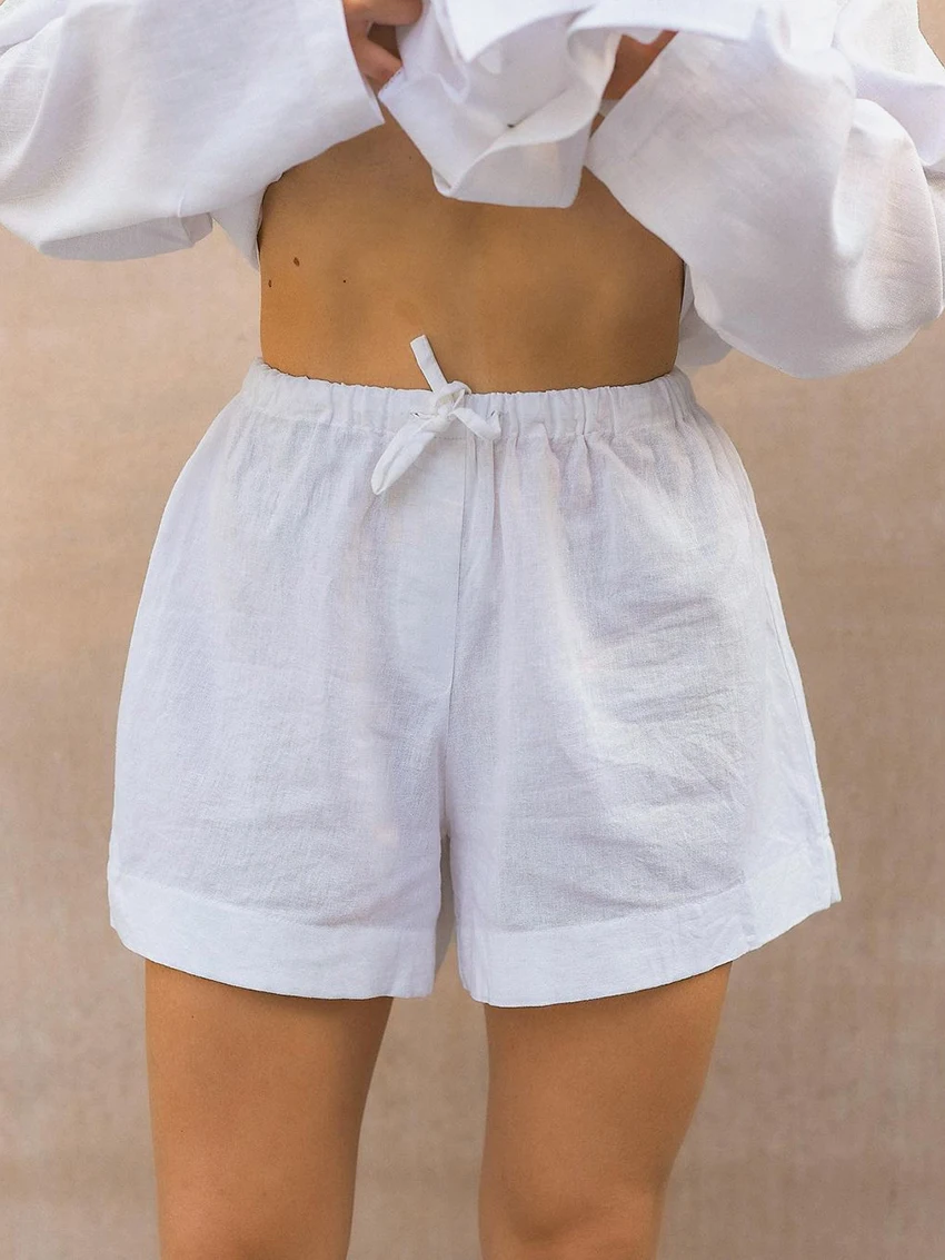 Marthaqiqi Loose White Ladies Sleepwear Set Sexy Turn-Down Collar Nightwear Long Sleeve Pajamas Shorts Casual Home Clothes Women