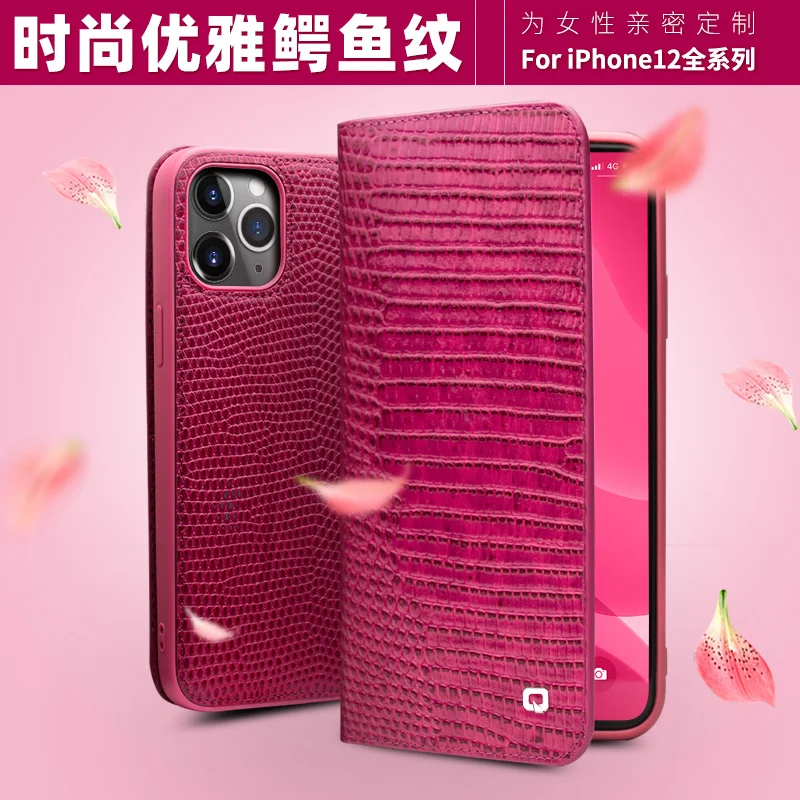 

Qialino Genuine Leather Flip Cover For Iphone 13 12 11 Pro Max Mini X Real Cow Skin Phone Case Wallet Card Holder Lady Girl Rose
