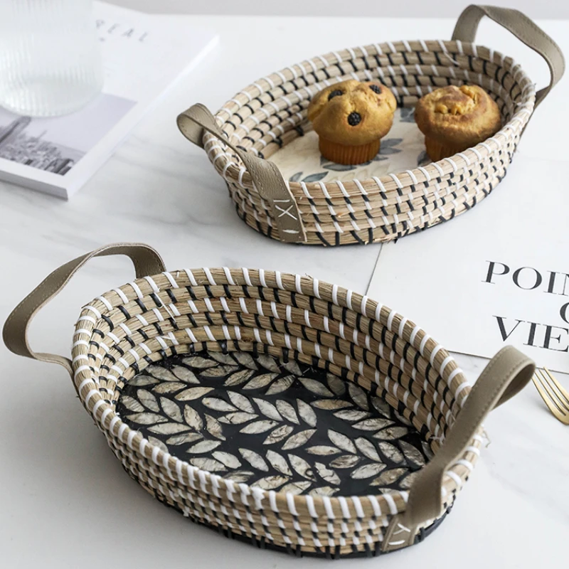 

Mifuny Wovens Storage Trays American Style Shell and Rattan Handmade Tray Circular Handheld Snack Fruit Bread Tray Food Tray
