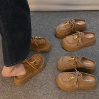 2025 Women's Suede Platform Mules - Cute Smiley Pin Decor Lace-up Loafers Thick Sole Fashion Casual Slip-on Shoes - Image 2
