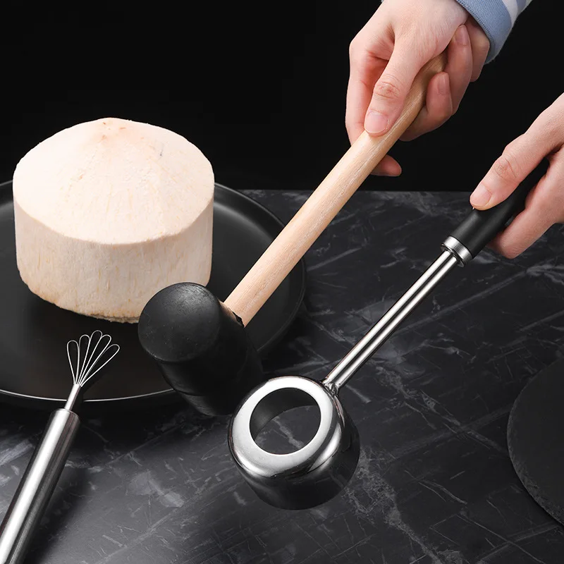 Stainless steel coconut opener, coconut meat planer, rubber hammer, green and tender opening tool