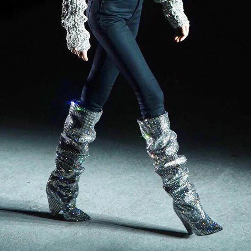 

Runway Crystal Full Drill Knee Boots Woman Rhinestone baggy Long Boots Pointed toe 70 MM spike high heel Bling Knight Boots