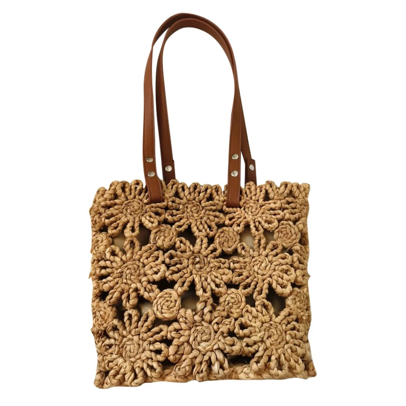 2023 Summer New Straw Bag Hand-Woven Bag Hollow Bucket Bag Corn Husk Sewn Handbag Leisure Holiday Beach Bag
