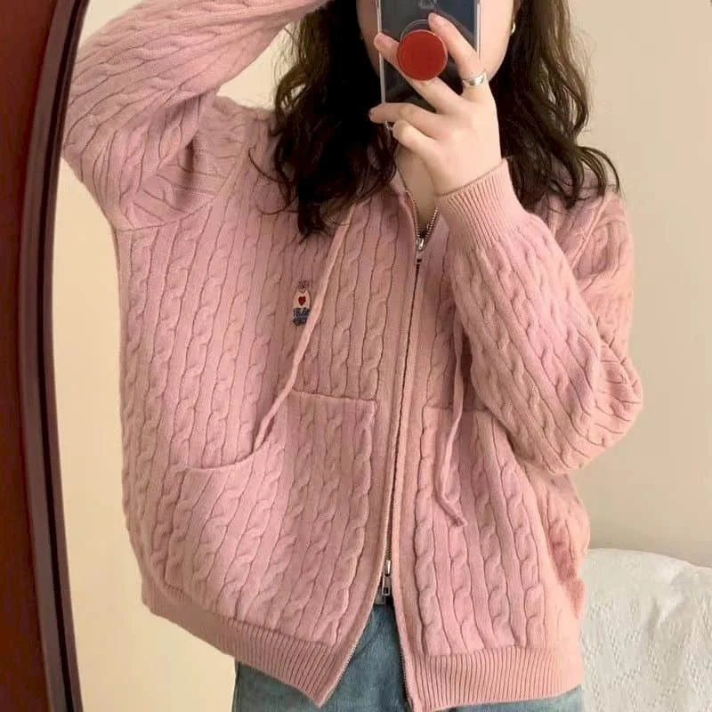 

Sweaters Knitted Cardigan for Women Slim Casual Vintage Solid Preppy Style Coats Hooded Korean Fashion Long Sleeved Women Tops