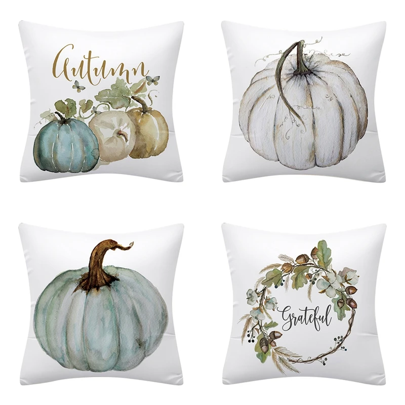 

Set Of 4 Autumn Pumpkin Throw Pillow Covers Square Fall Decorative Pillowcases Cushion Couch Cover (18X18 Inch)