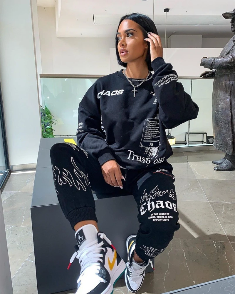 

Women Outfit Letter Print Loose 2 Two Piece Set Streetwear Tracksuit Sweatshirt Joggers Pants Matching Ensemble Femme 2 pieces