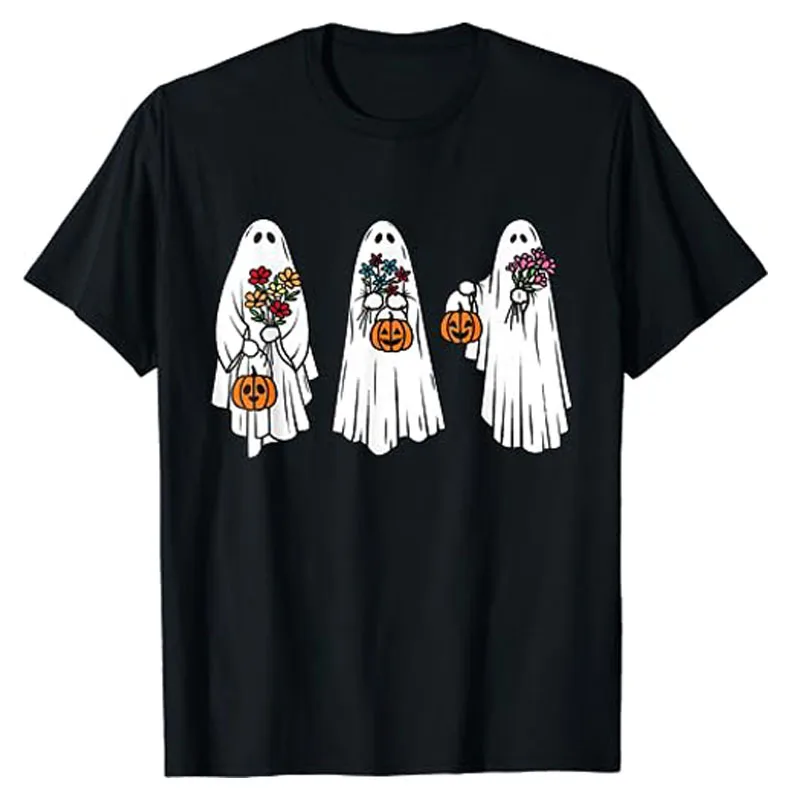 

Groovy Vintage Floral Ghost Cute Halloween Spooky Season T-Shirt Gifts Gothic Style Autumn Fall Graphic Tee Spooky Vibes Tops