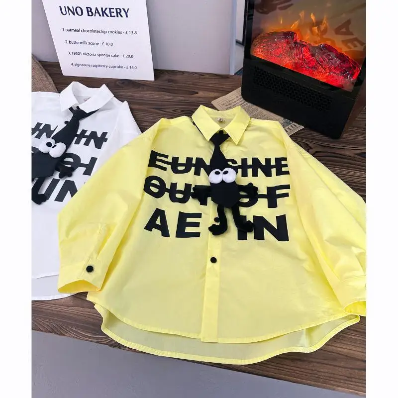Children's Shirts Kids Boys Letter Tie Long Sleeve Baby Academy Style Cotton Shirt Spring Autumn Teen Boy Outerwear
