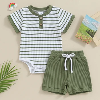 2023-11-18 Lioraitiin Newborn Baby Boy Girl Summer Clothes Striped Short Sleeve Ribbed Romper Tops Elastic Shorts Set Outfits 4