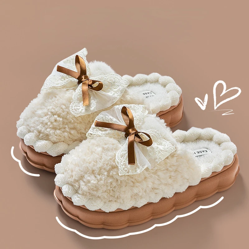 

2024 Winter Bowtie Slippers for Women Cartoon Warm Non Slip Indoor Household Thick Sole Flat Heel Couple Cotton Shoes