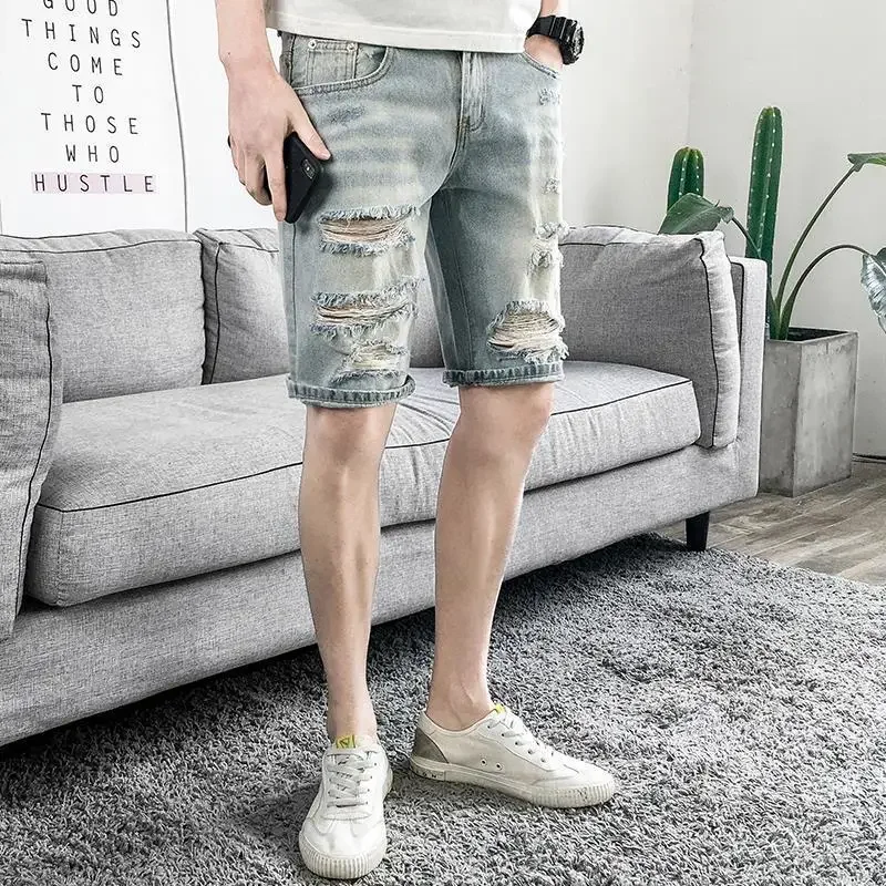 thumbnail image 1 of Pantalones cortos vaqueros para hombre rotos Y2k XL con botones originales en oferta, pantalones vaqueros cortos para hombre, ropa de calle azul, moda coreana, verano, finos, XXXL, 1 of 5