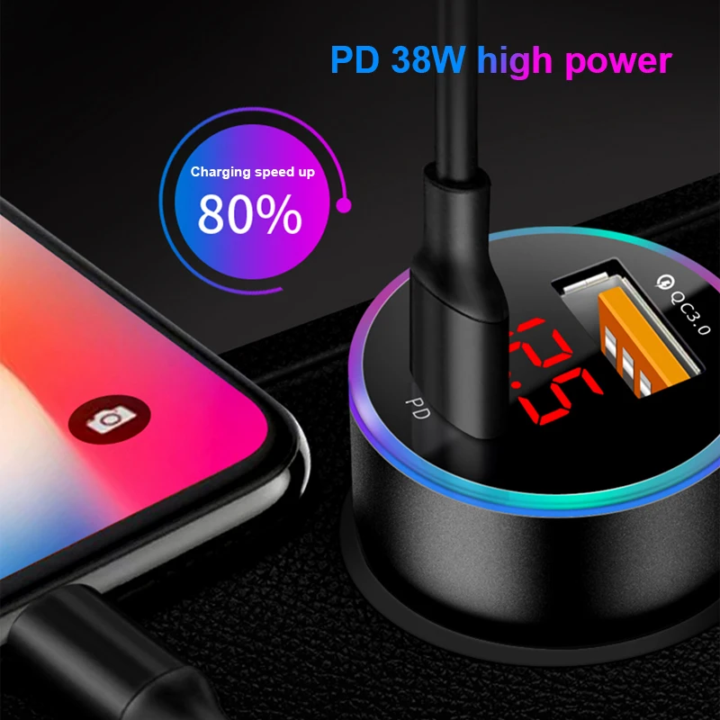 Car charger SEAMETAL PD+USB QC3.0 38W quick charging 12-24V cigarette lighter adapter with Led voltmeter display