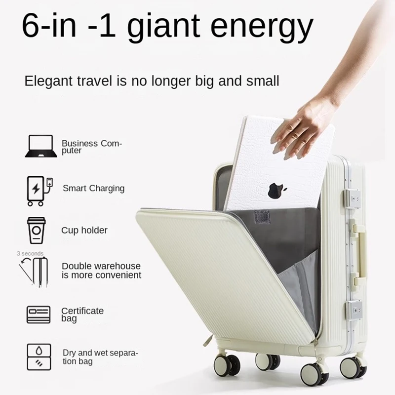Aluminum Frame Front Open Luggage USB Charging Port with Cup Holder Trolley Suitcase 24