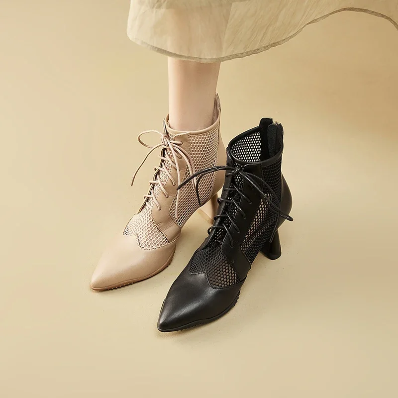 

2024 new summer women Mesh Boots natural Leather shoes 22-24.5cm cowhide+mesh Lace up pointed kitten heel back zip women sandals