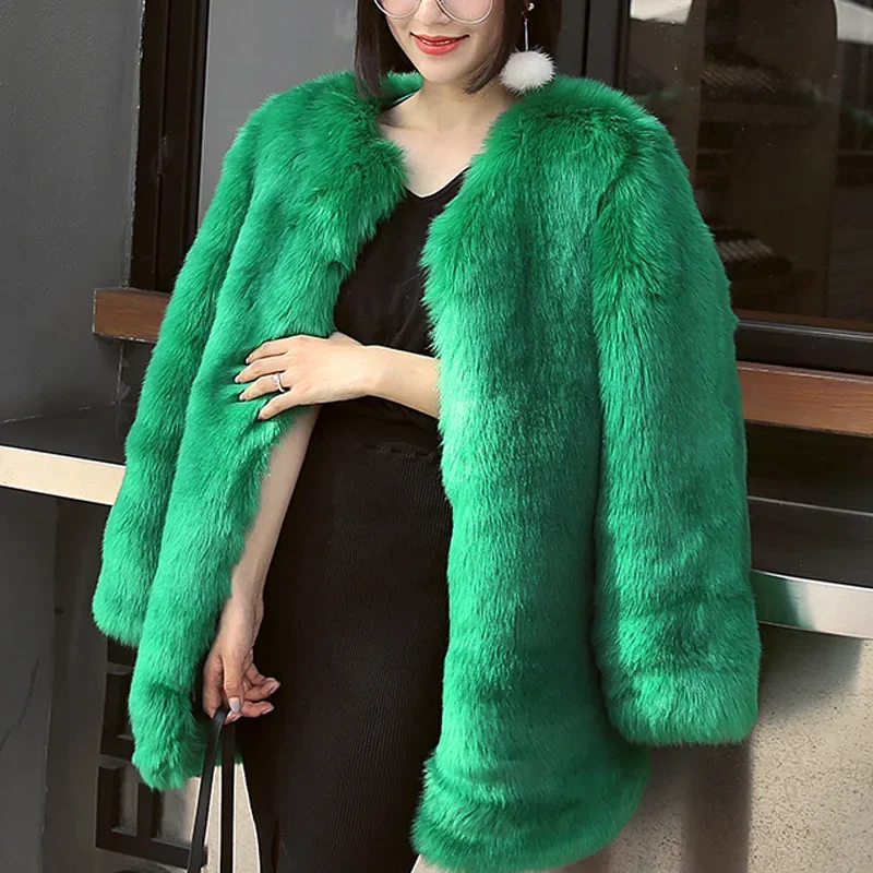 Winter New Warm Large Size Medium-length Leather Coat Jacket Artificial Fox Fur Fur Rabbit Fur Luxury Fluffy Fur Women's Jacket