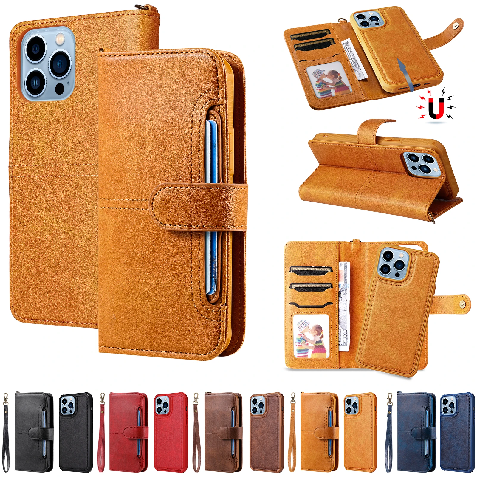 

Multiple Function Leather Flip Stand Wallet Case For iPhone 13 Pro Max 14 12 11 XR X 8 7 Detachable Card Slots Holder Covers