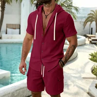 Nouvel ensemble décontracté d'été 2026 pour homme - Chemise à capuche à manches courtes et pantalon de travail à cordon de serrage 5
