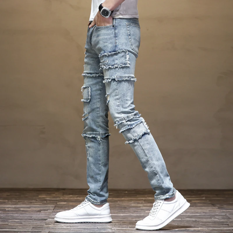 2024New Retro Distressed Ripped Jeans Men's Patch Stretch Slim Fit Stitching Straight Nostalgic High Street Motorcycle Pants