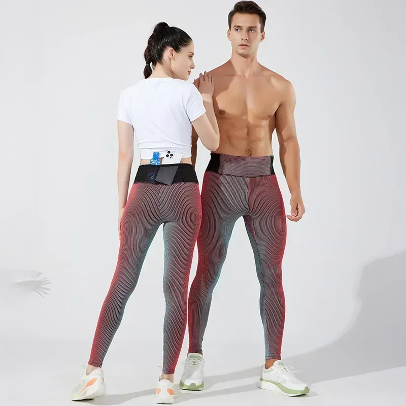 Marathon Running Tights Men's Gym Compression Pants Pockets Elastic Yoga Leggings Sports Fitness Double Deck Workout Trousers