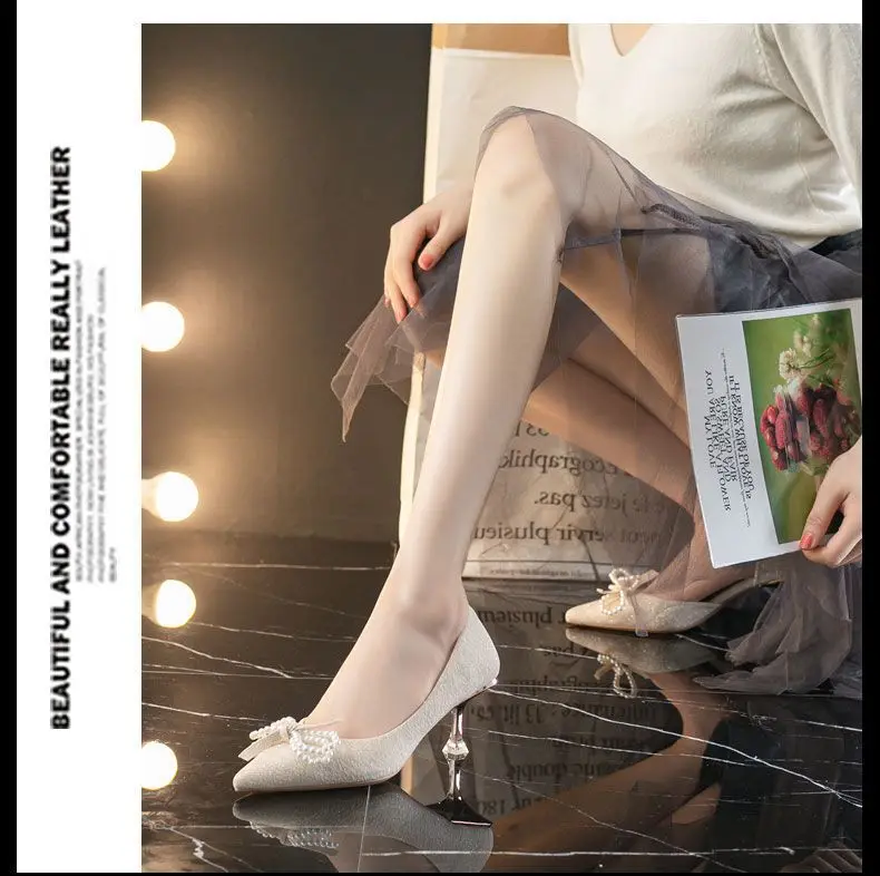 Ragazze francesi tacchi alti e sottili fiocco con nodo superficiale 2024 nuove scarpe da sposa solide da donna primaverili_voghion.com
