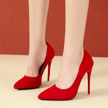 Big Size 35-45 women's shoes 2021 concise flock high heels women pumps pointed toe classic red gray ladies wedding shoes office 4