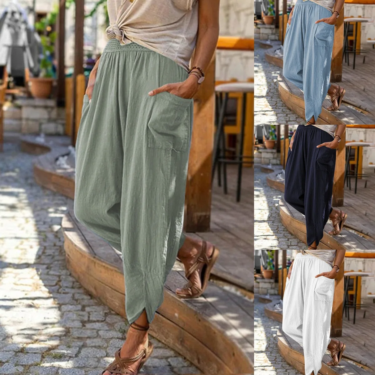 Summer New Leisure Wide Legs Cotton Hemp Loose Small Foot Pants Beach Pants Women