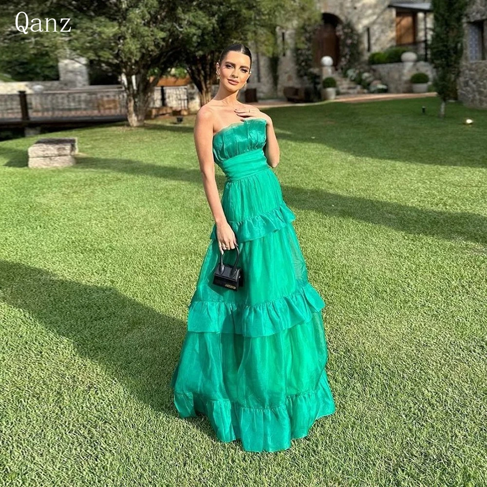 

Qanz Green Gracefull Prom Dresses Organza Floor Length Strapless Backless Long A Line Luxury Evening Dresses For Women 2023