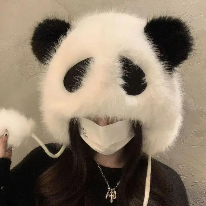 Cute Plush Animal Panda Cartoon Fuzzy Beanie Hat Winter Adult Women's Men's Costume Warm Fluffy Cosplay Girls Cap