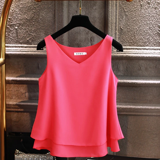 2022 Fashion Brand Women's Blouse Tops Summer Sleeveless Chiffon Shirt Solid V-neck Casual Blouse Plus Size 5XL Loose Female Top rose Red
