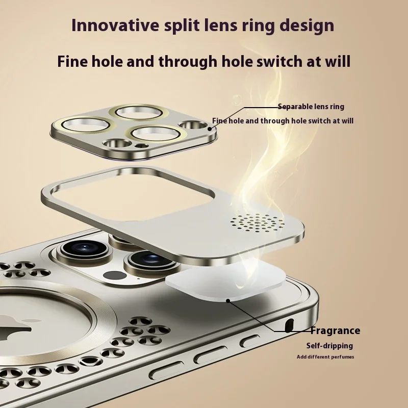 Titanium Aluminum Alloy Cooling Aromatherapy Phone Case For iphone 15 13 14 Pro Max Hollow Magnetic Magsafe Lens Protection Case