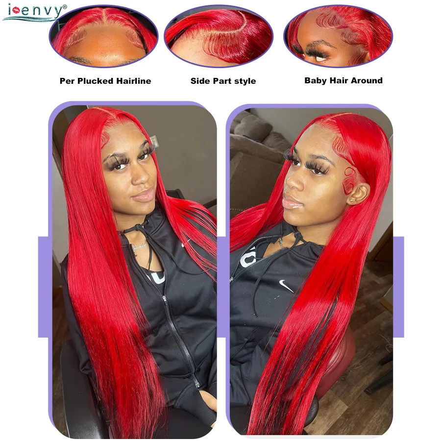 밝은 빨간색 인모 가발 13X6 13X4 스트레이트 HD 레이스 프론트 가발 버건디 99J 컬러 레이스 프론트 가발 (흑인 여성용) 프리 플러킹 처리됨