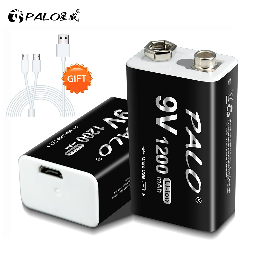 Bateria Recarregável Li-ion Crown Palo Micro Usb 6f22 9v Bateria para Detector de Metais Microfone rc Modelo Helicóptero 1200mah