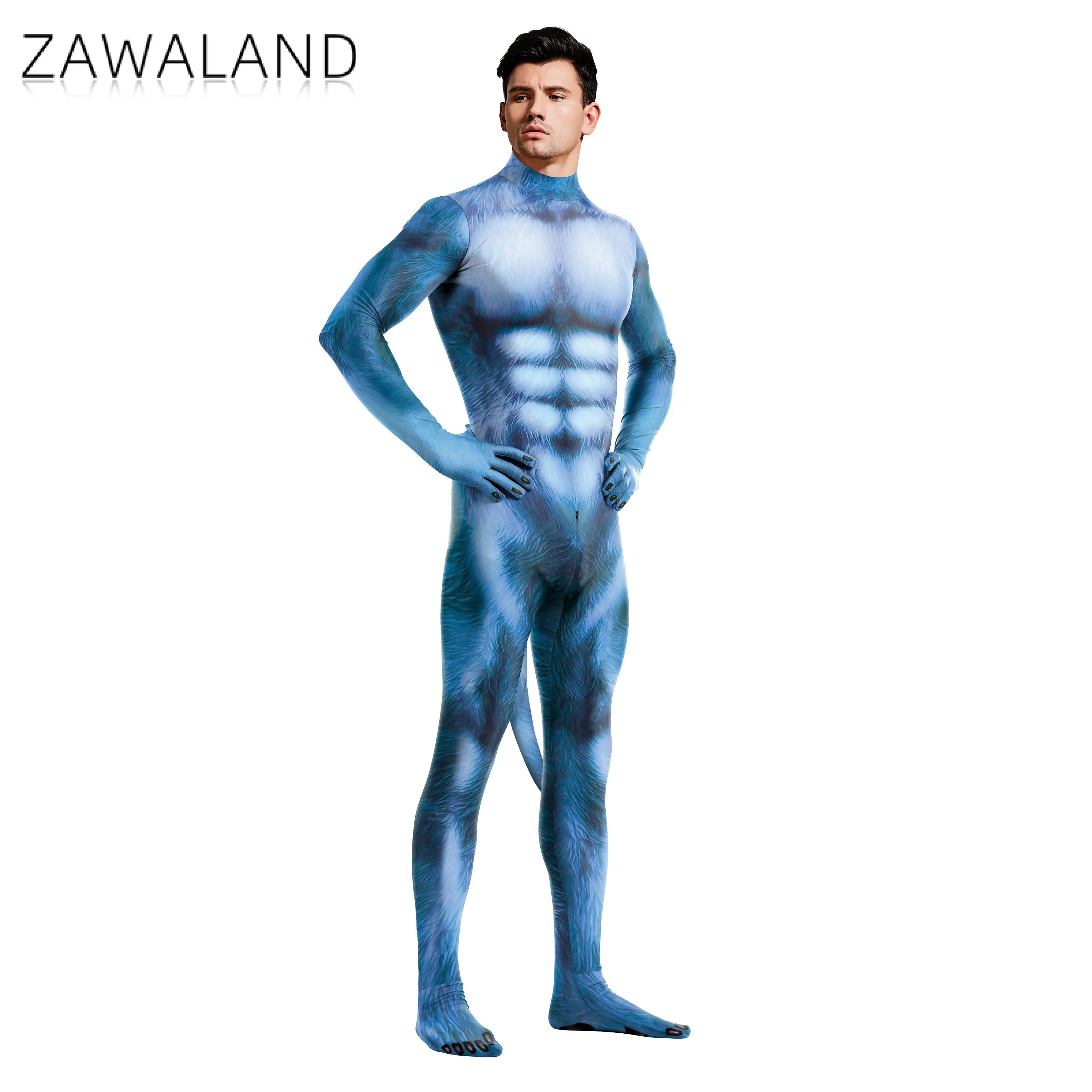 Zawaland Blue Furry Costumes Men Halloween Clothes with Tail Crotch Zipper Zentai Suit for Funny Couple Party Outfit Carnival Wear cosplay costume,men festival costume set