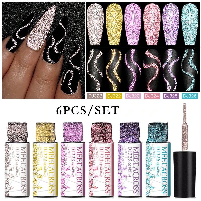 MEET ACROSS 6Pcs/Set Reflective Glitter Line Gel Nail Polish Metallic Mirror Nail Art Liner UV Gel DIY Painting Drawing Varnish 4