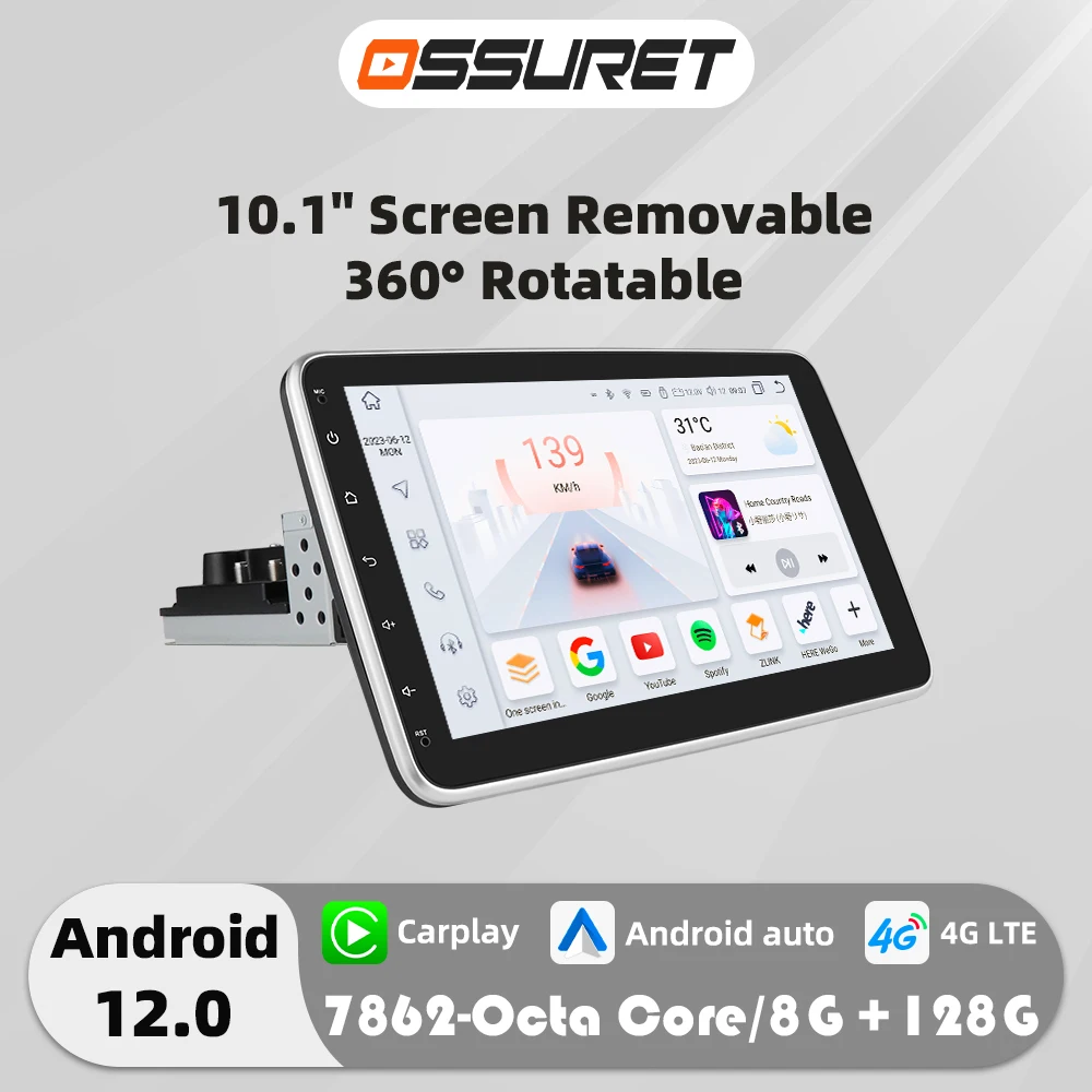 1din 10.1"Universal 4G Android Car radio 360 Rotatable Screen Multimedia Video Player Autoradio GPS Navi Head Unit Carplay WIFI