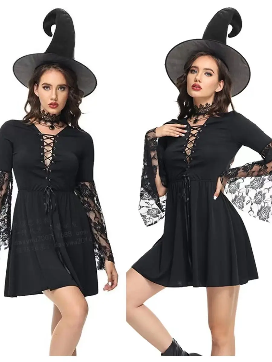 

Halloween Costume Women's Adult New Wizardry Stage Performance Dress Lace Short Robe Wizardry Witch Cosplay Party Dressing