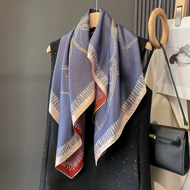 90×90CM New Retro Double-sided Printed Scarf Neck Scarf High-end Fashion Age-Reducing Silk Scarf Fashionable Scarf With Shawl 4